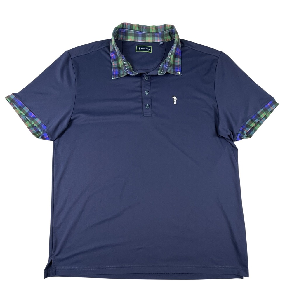 William Murray Polo Shirt Mens XL Navy Blue Plaid Collar Golf Performance
